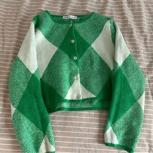Zara Green and Cream Argyle Cropped Cardigan